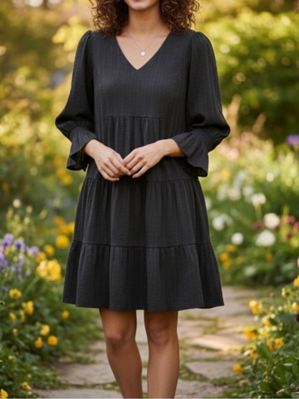 J. Jill Black Dobby V-Neck Dress - Cotton Blend / Peasant Sleeve